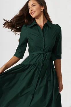 Fashion Marie Midi Shirt Dress In Emerald Cotton Dresses|Casual