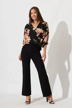 Sale Marliboo Mock Wrap Top In Black With Blush Floral Tops|Workwear