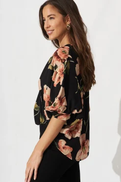 Sale Marliboo Mock Wrap Top In Black With Blush Floral Tops|Workwear