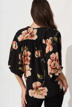 Sale Marliboo Mock Wrap Top In Black With Blush Floral Tops|Workwear