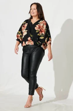 Sale Marliboo Mock Wrap Top In Black With Blush Floral Tops|Workwear