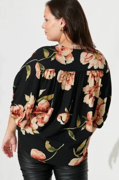 Sale Marliboo Mock Wrap Top In Black With Blush Floral Tops|Workwear