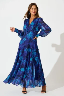Fashion Martina Maxi Dress in Blue Watercolour Chiffon Dresses|Party