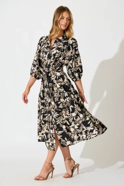 Discount Martina Midi Shirt Dress in Black with Beige Leaf Print Dresses|Casual