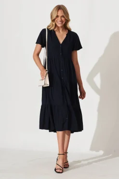 Discount Marvela Midi Shirt Dress In Navy Linen Blend Dresses|Casual
