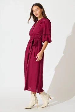 Online Matika Midi Dress in Wine Linen Blend Dresses|Casual