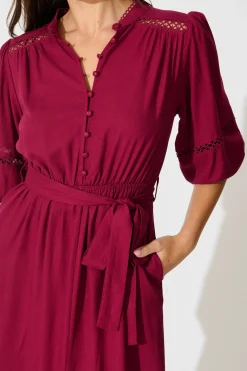 Online Matika Midi Dress in Wine Linen Blend Dresses|Casual
