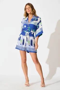 New Maui Playsuit In Blue With White Print Playsuits & Jumpsuits|Jumpsuits & Playsuits