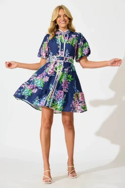 Outlet Maybelle Shirt Dress in Navy Wisteria Print with Piping Trim Dresses|Casual