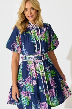 Outlet Maybelle Shirt Dress in Navy Wisteria Print with Piping Trim Dresses|Casual