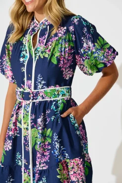 Outlet Maybelle Shirt Dress in Navy Wisteria Print with Piping Trim Dresses|Casual