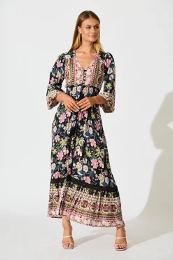 Best Mayda Maxi Dress in Black with Pink Boho Floral Dresses|Casual