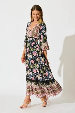 Best Mayda Maxi Dress in Black with Pink Boho Floral Dresses|Casual