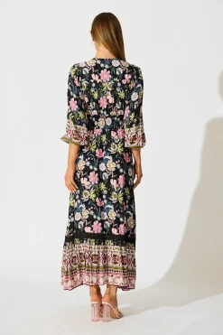 Best Mayda Maxi Dress in Black with Pink Boho Floral Dresses|Casual