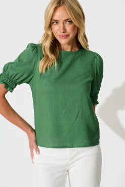 New Melanie Top in Green Cotton Linen Blend Tops|Casual