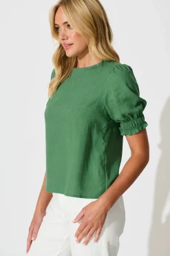 New Melanie Top in Green Cotton Linen Blend Tops|Casual
