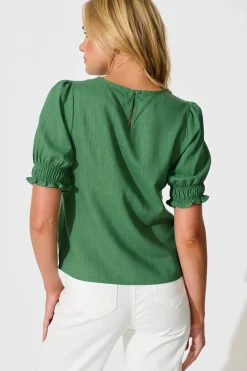 New Melanie Top in Green Cotton Linen Blend Tops|Casual