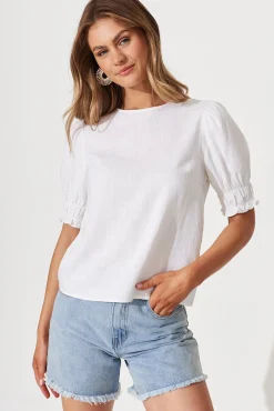 Hot Melanie Top In White Cotton Linen Blend Tops|Casual