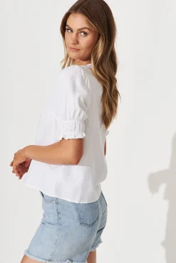 Hot Melanie Top In White Cotton Linen Blend Tops|Casual