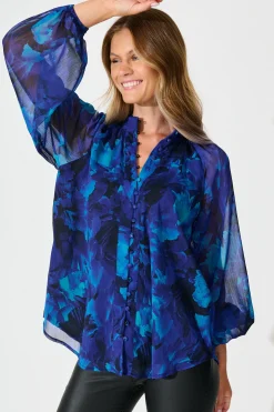 Clearance Melina Top in Blue Watercolour Chiffon Tops|Party & Occasion