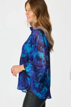 Clearance Melina Top in Blue Watercolour Chiffon Tops|Party & Occasion