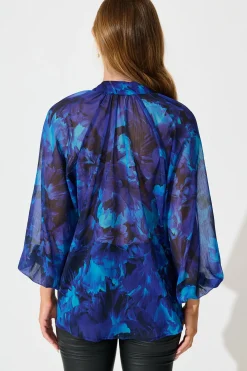 Clearance Melina Top in Blue Watercolour Chiffon Tops|Party & Occasion