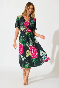 Hot Melody Midi Dress In Black with Pink Floral Dresses|Casual