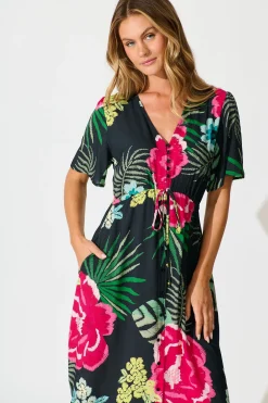 Hot Melody Midi Dress In Black with Pink Floral Dresses|Casual