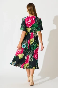 Hot Melody Midi Dress In Black with Pink Floral Dresses|Casual