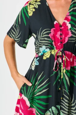 Hot Melody Midi Dress In Black with Pink Floral Dresses|Casual