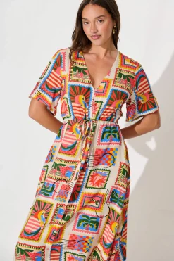 New Melody Midi Dress In Bright Multi Postcard Print Dresses|Casual