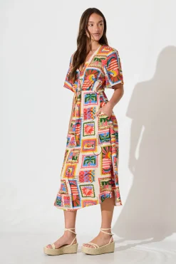 New Melody Midi Dress In Bright Multi Postcard Print Dresses|Casual