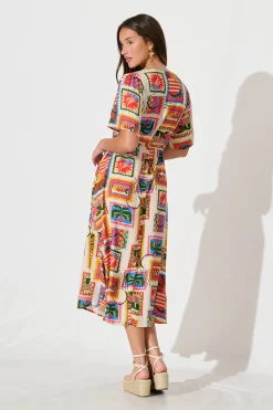 New Melody Midi Dress In Bright Multi Postcard Print Dresses|Casual