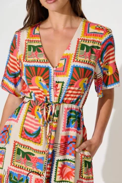 New Melody Midi Dress In Bright Multi Postcard Print Dresses|Casual