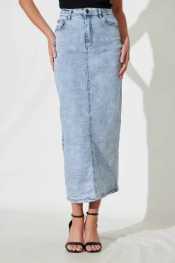 Hot Mia Maxi Stretch Denim Skirt In Light Blue Wash Bottoms|Denim