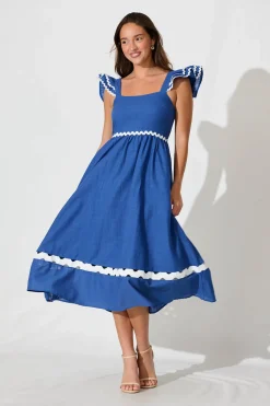 Clearance Miami Midi Dress In Blue With White Ric Rac Cotton Dresses|Casual