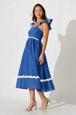 Clearance Miami Midi Dress In Blue With White Ric Rac Cotton Dresses|Casual