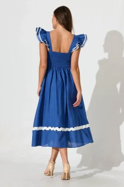 Clearance Miami Midi Dress In Blue With White Ric Rac Cotton Dresses|Casual