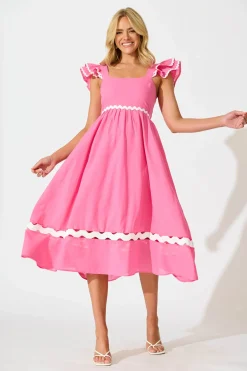Online Miami Midi Dress In Pink With White Ric Rac Cotton Dresses|Casual