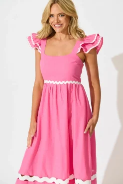Online Miami Midi Dress In Pink With White Ric Rac Cotton Dresses|Casual