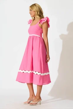 Online Miami Midi Dress In Pink With White Ric Rac Cotton Dresses|Casual