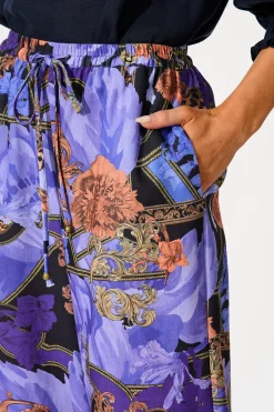 Outlet Midnight Dahlia Pant in Blue with Multi Linen Blend Bottoms|Pants
