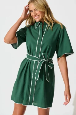 Best Miela Shirt Dress in Emerald with White Contrast Trim Cotton Dresses|Casual
