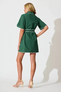 Best Miela Shirt Dress in Emerald with White Contrast Trim Cotton Dresses|Casual