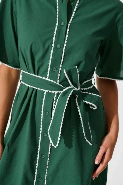 Best Miela Shirt Dress in Emerald with White Contrast Trim Cotton Dresses|Casual