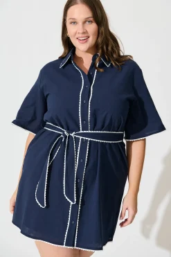 Clearance Miela Shirt Dress in Navy with White Contrast Trim Cotton Dresses|Casual
