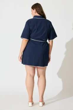 Clearance Miela Shirt Dress in Navy with White Contrast Trim Cotton Dresses|Casual