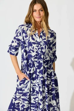 New Mina Smock Dress in White and Navy Print Dresses|Casual