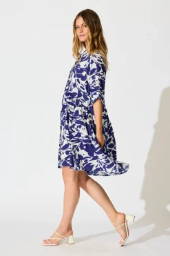 New Mina Smock Dress in White and Navy Print Dresses|Casual