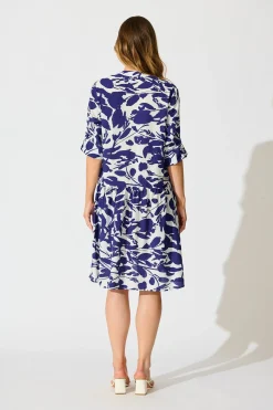 New Mina Smock Dress in White and Navy Print Dresses|Casual